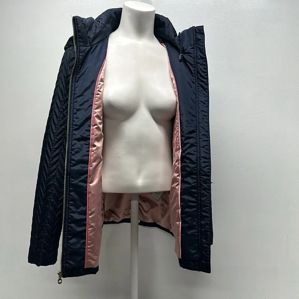 Kate Spade Jacket Coat Chevron Quilted Full Zip Hooded Navy Blue Size M Medium
